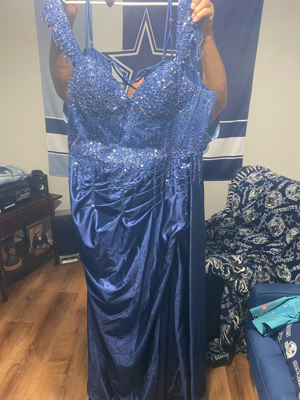 Women's Navy Blue Beaded Evening Gown